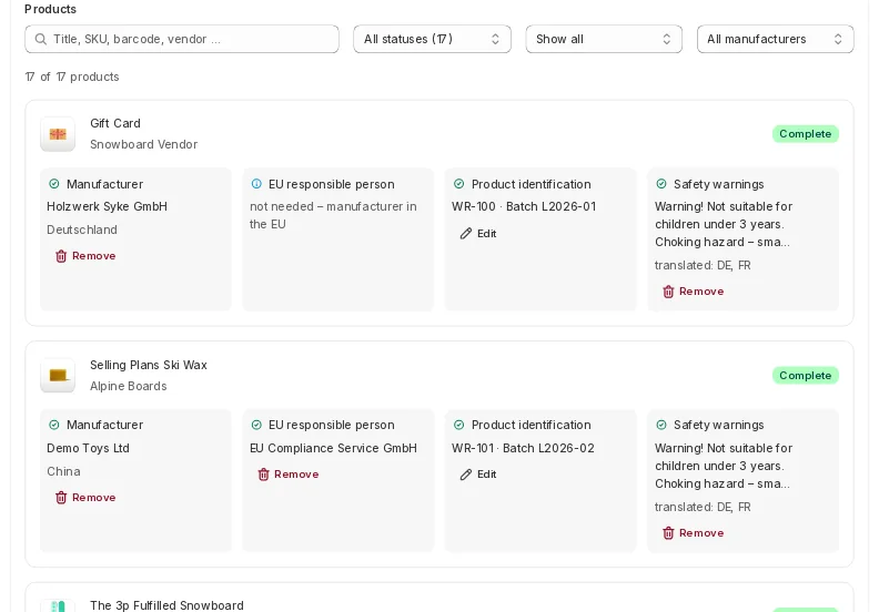 EuKlar: report showing the status of the details per product