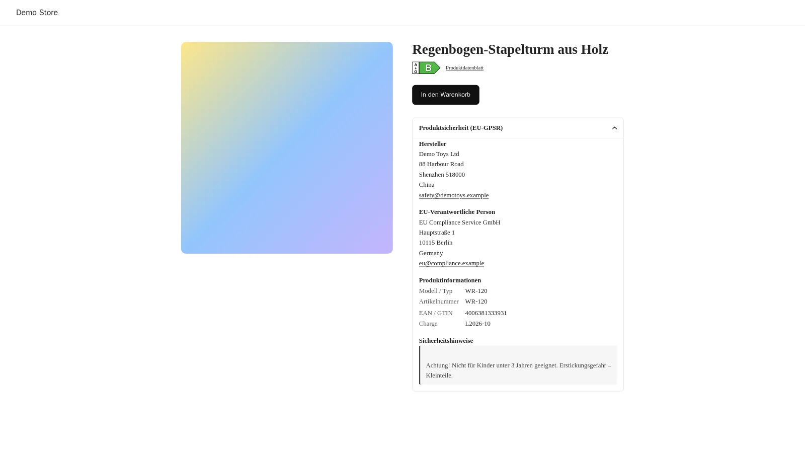Der GPSR-Block von EuKlar auf einer Produktseite