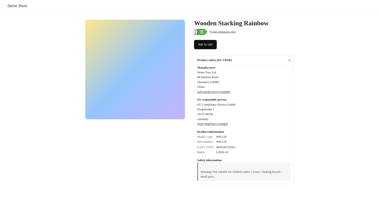 The EuKlar GPSR block on a product page