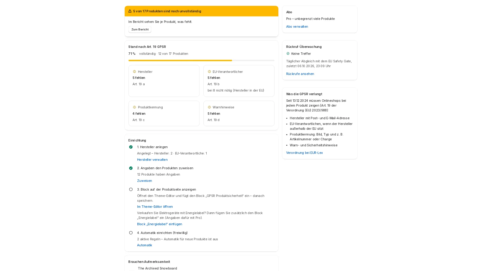 EuKlar in der Shopify-Verwaltung: Stand der Angaben nach Art. 19 GPSR