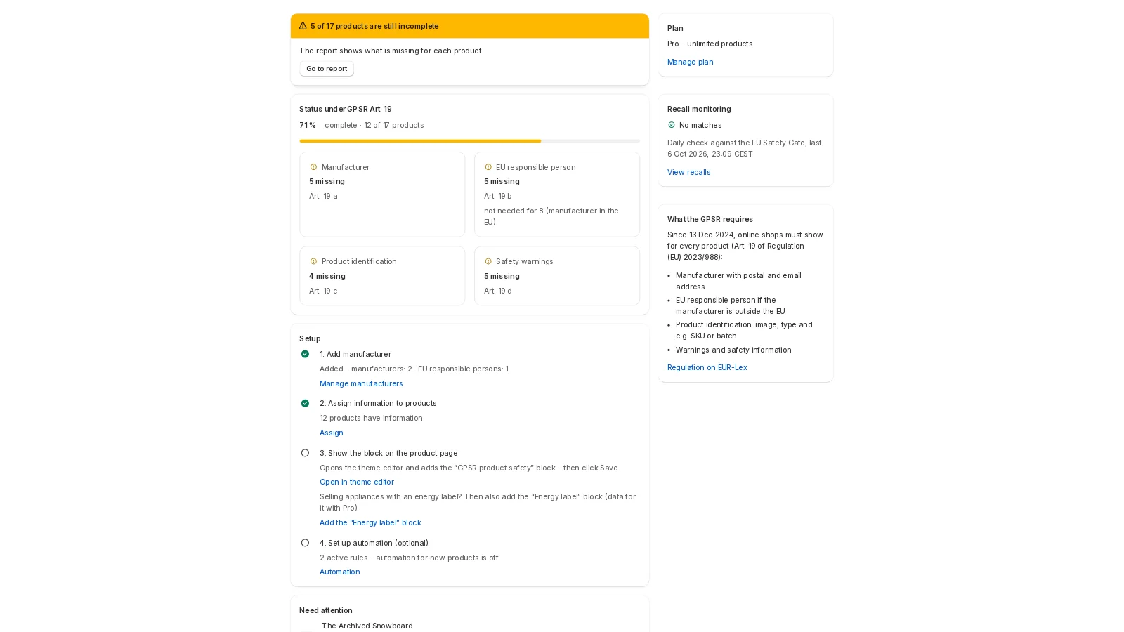 EuKlar in the Shopify admin: status of the Art. 19 GPSR details